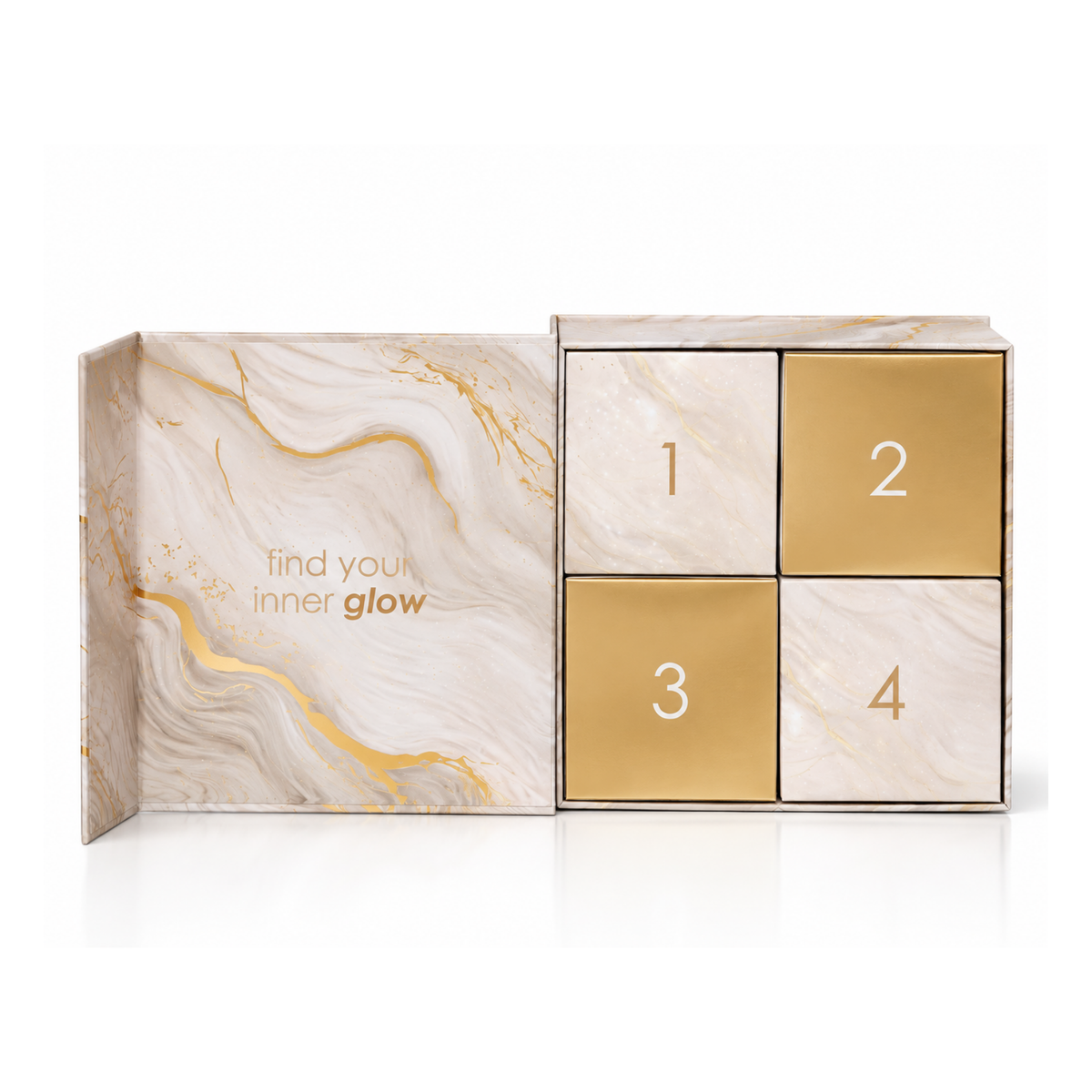 Adventsbox Clarity – geöffnete Geschenkbox mit vier nummerierten Türchen