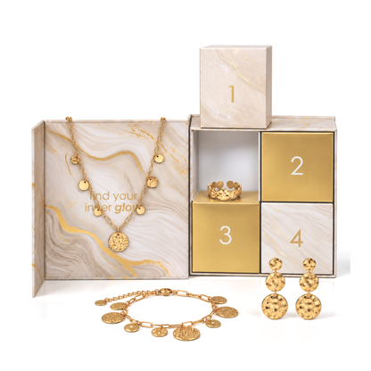 Schmuckset Damen Edelstahl Clarity in Gold – offene Adventsbox mit allen vier Schmuckstücken
