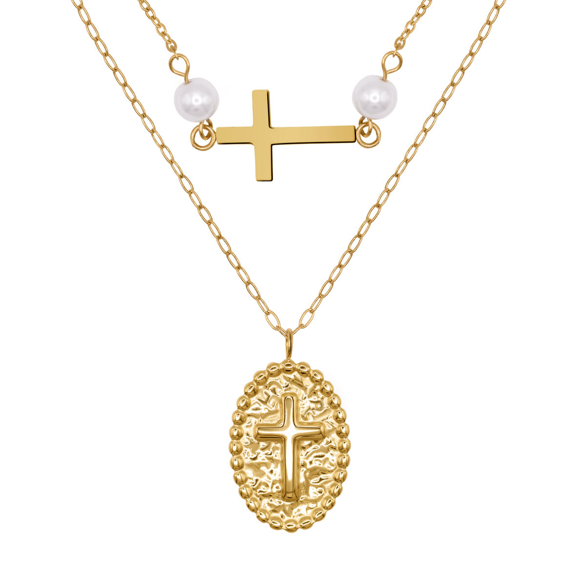 Halskette Damen Gold Vittoria in Gold, Produktansicht der zweisträngigen Kette mit weißer Perle