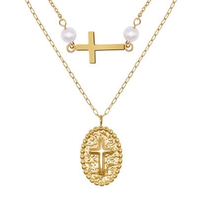 Halskette Damen Gold Vittoria in Gold, Produktansicht der zweisträngigen Kette mit weißer Perle