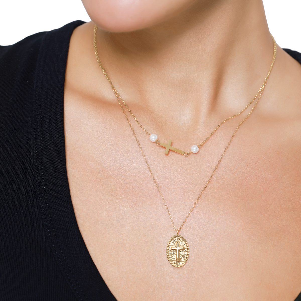 Halskette Damen Gold Vittoria in Gold, Detailaufnahme von Balken und Perlenanhänger