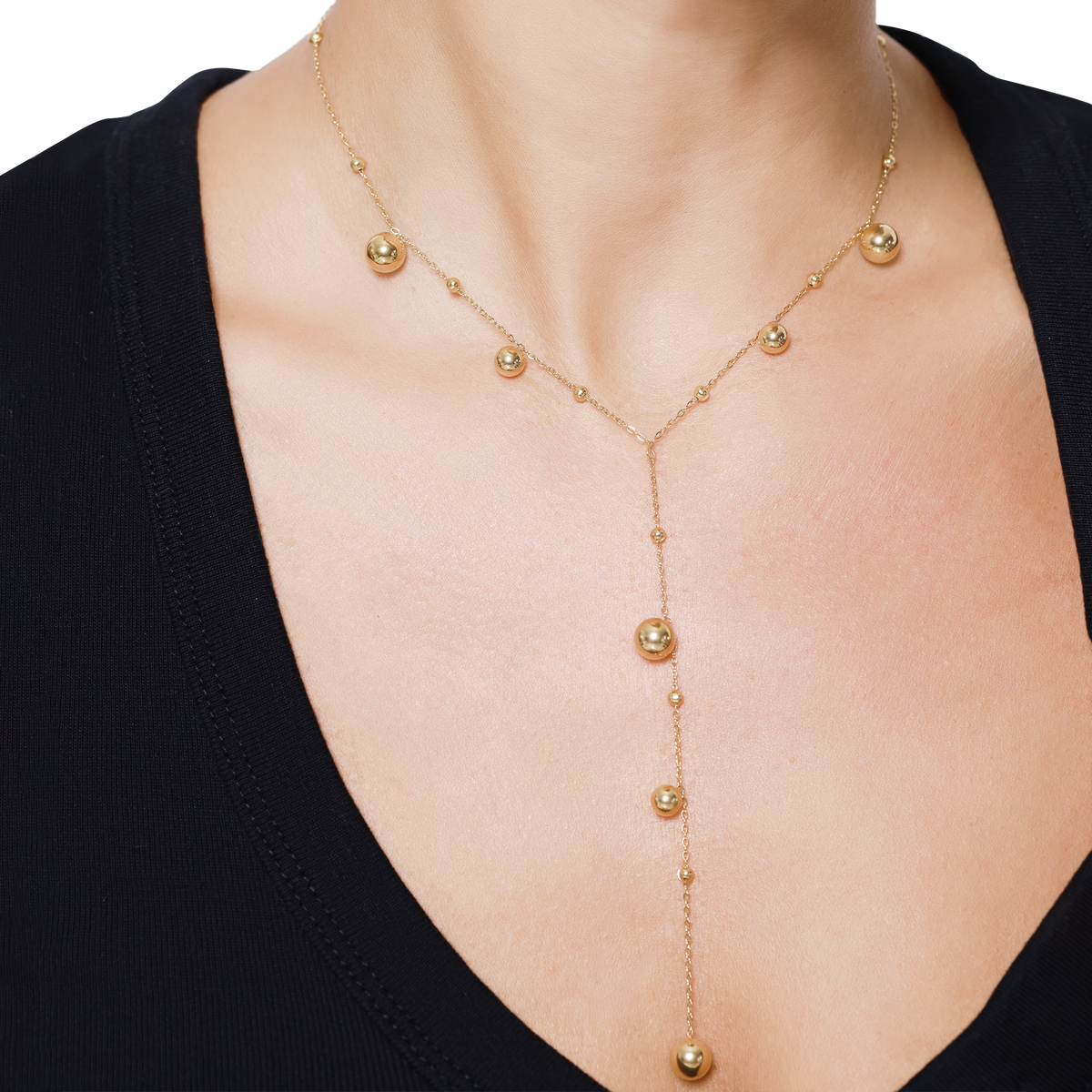 Halskette Damen Gold Melia in Gold, Detailaufnahme der feinen Kugeln am Y-Strang