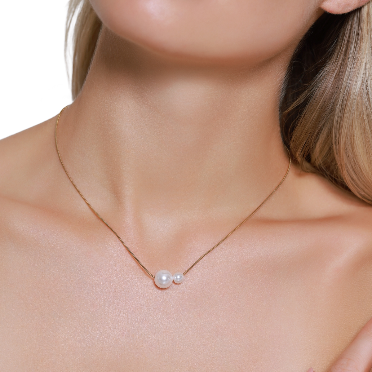 Kette Damen Edelstahl Solene Gold Detail der zwei Kunstperlen