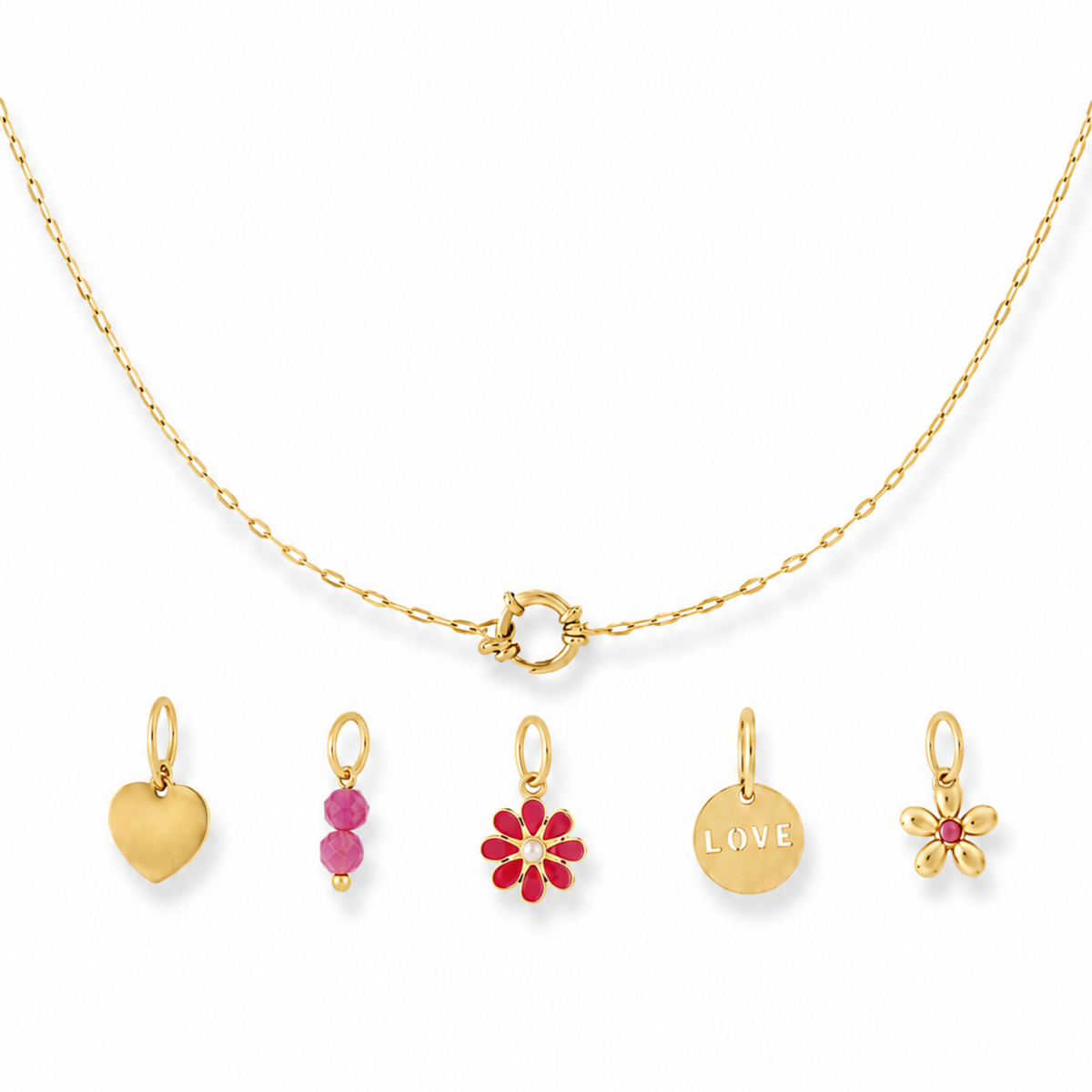 Halskette Damen Gold Katla in Gold - Kette mit Federring und fuenf wechselbaren Charms