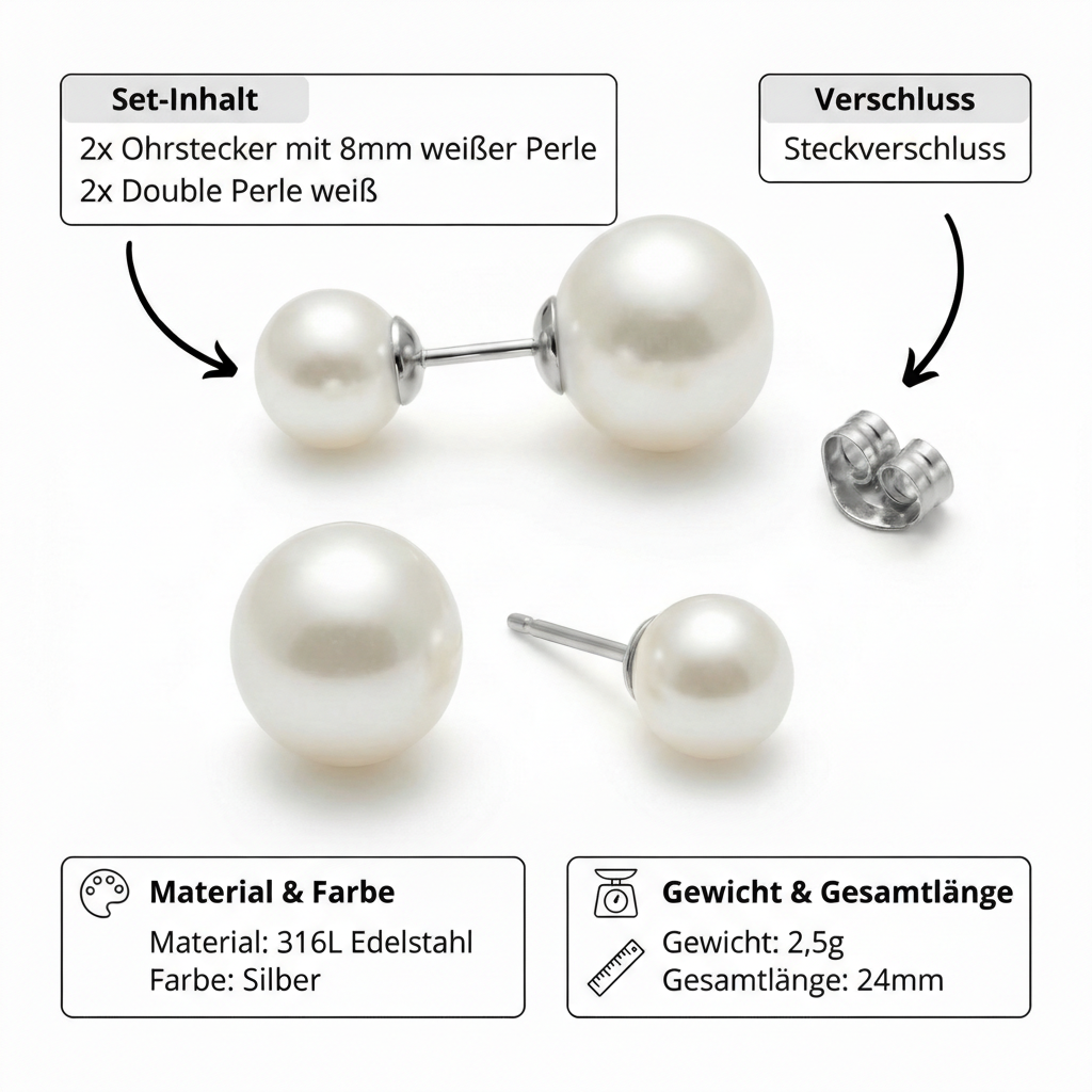 Ohrringe Double mit Perle weiß
