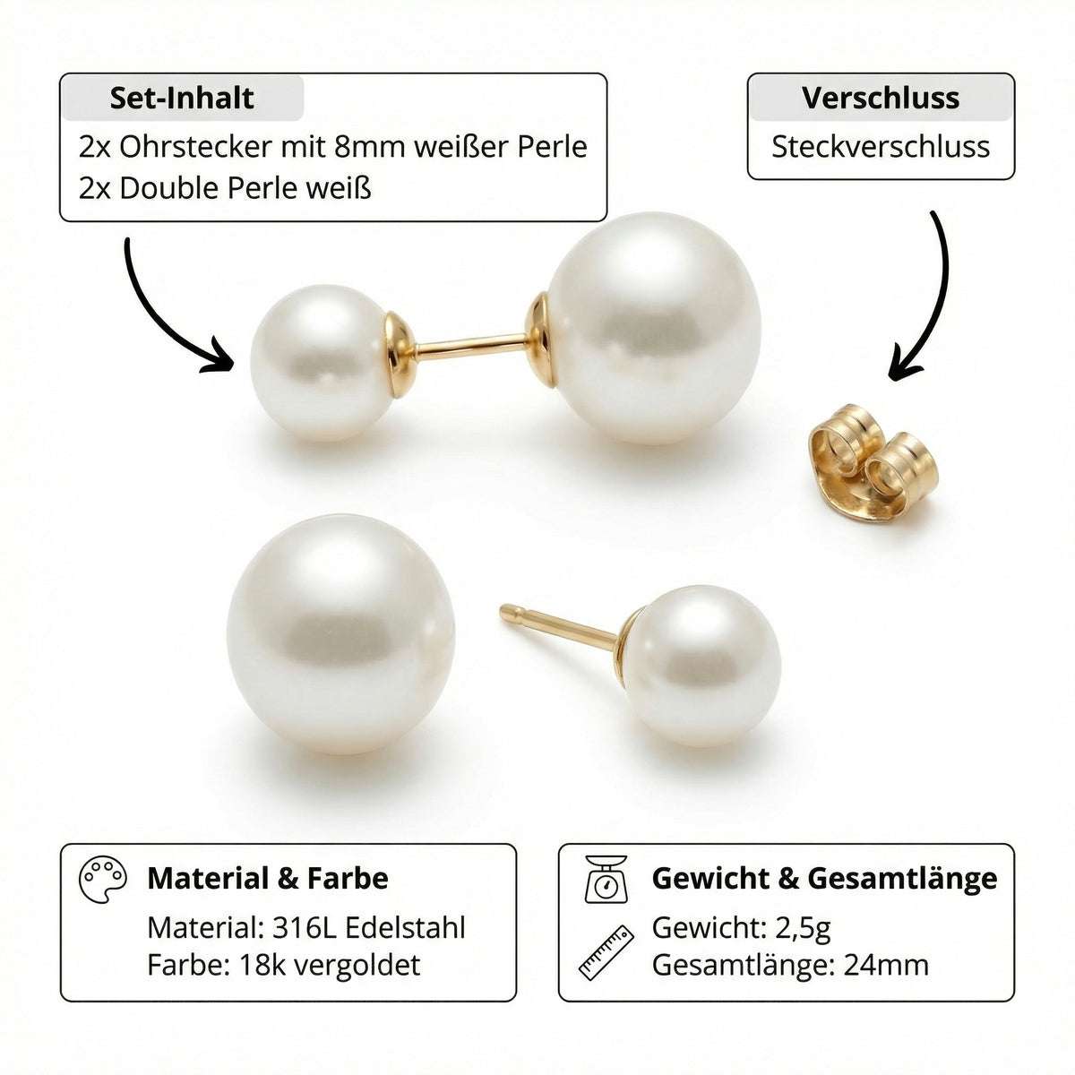 Ohrringe Double mit Perle weiß